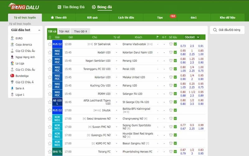 Giao diện hiện đại của trang web Bongdalu